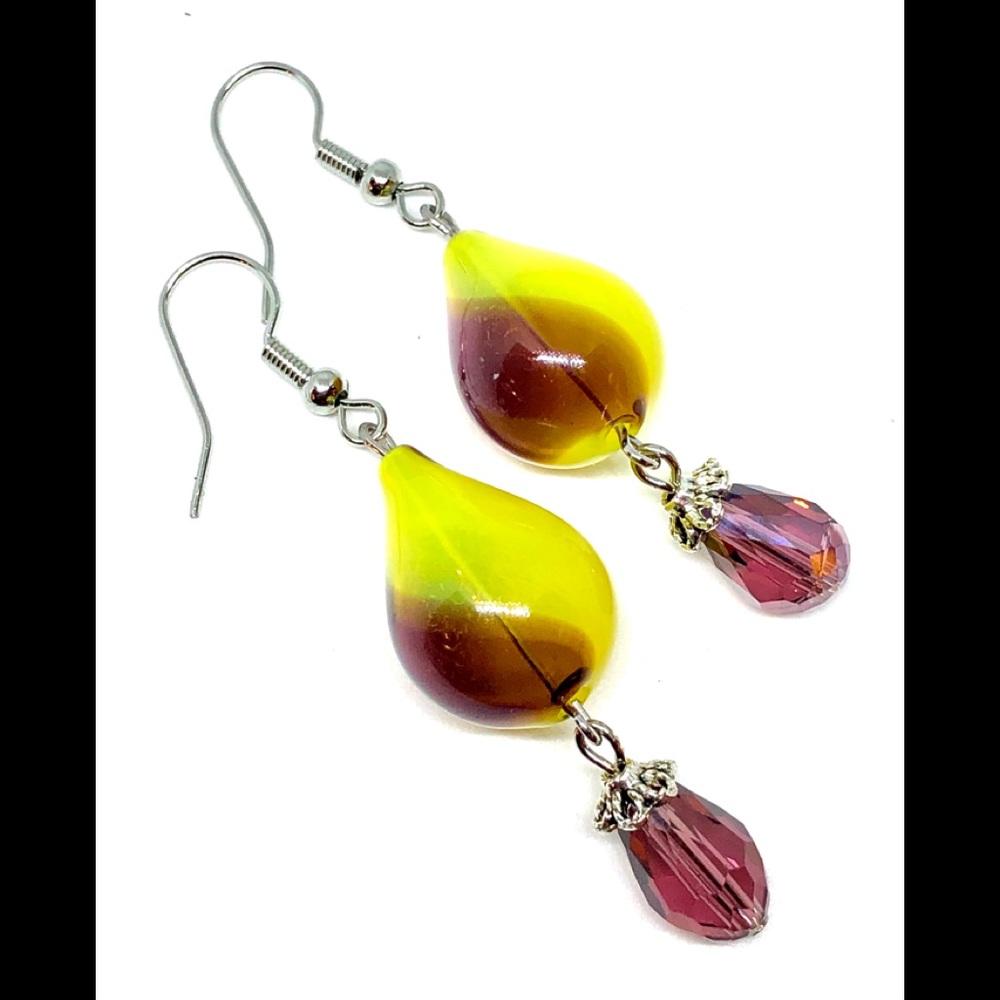 Purple Yellow Swirl Blown Glass Teardrop Earrings